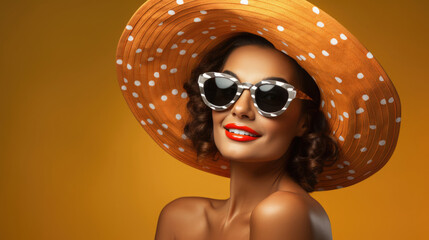Hispanic woman in a retro polka dot bikini,  oversized sunglasses,  and a sun hat