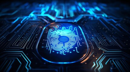 Fingerprint integrated into computer electronic circuit chip, digital cybersecurity,  protection, and biometric concept 