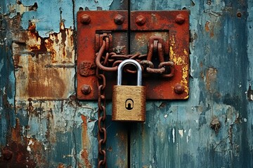Rusty lock on old door. Generative AI