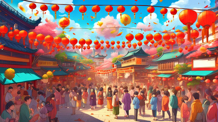 Chinese new year celebration with red lanterns