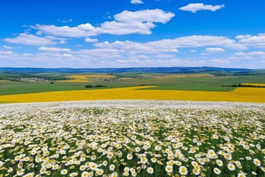Artistic blooming meadow with daisies and sunflowers. Scenic landscape with empty space, aerial view. Generative AI