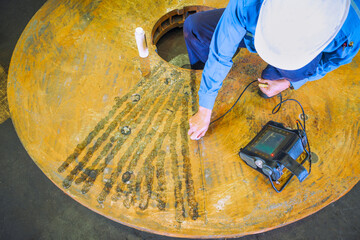 UT, Ultrasonic testing to detect imperfection or defect internal casting raw material in the factory, NDT Inspection.