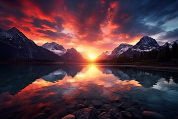 Fototapeta na wymiar sunset over mountains and lake
