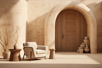 a lounge chair in a white and wood space, in the style of textured canvas, architectural vignettes, earth tone color palette, arched doorways,