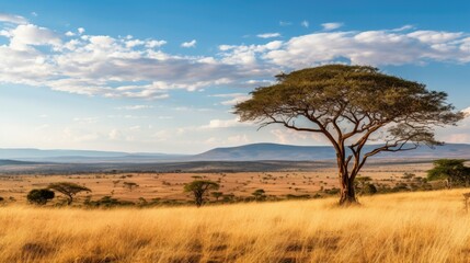 A vast savanna stretches as far as the eye can see, dotted with graceful acacia trees. - obrazy, fototapety, plakaty