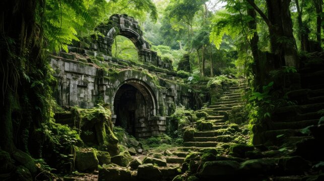 Ancient ruins stand in silent testament to the power of time, nestled within a lush jungle.