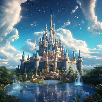 A Captivating Cinderella Castle: Realistic Hyper-Detailed 2D Game Art with Dreamlike Horizons, Kimoicore, Detailed Character Illustrations, Gold & Cyan Pictorial