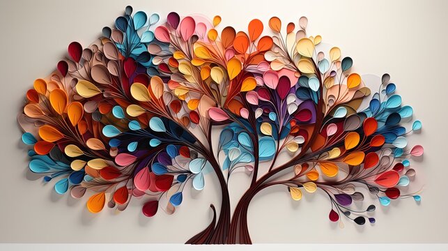 Elegant colorful tree with vibrant leaves hanging branches illustration background. Bright color 3d abstraction wallpaper for interior mural painting wall art decor
