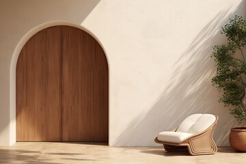 Fototapeta na wymiar a lounge chair in a white and wood space, in the style of textured canvas, architectural vignettes, earth tone color palette, arched doorways,