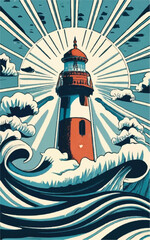 A screenprinting Of a lighthouse on the high seas with big waves around