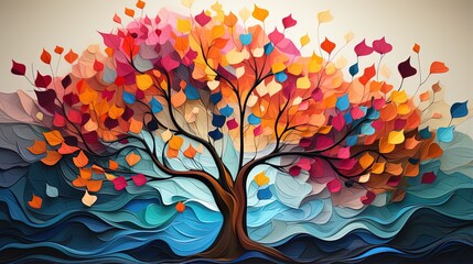Obraz na płótnie Canvas The tree of life in multicolored leaves, in the style of matte drawing, ominous vibe, paper sculptures, realistic color palette, dark colors, colorful woodcarvings, contrasting backgrounds 