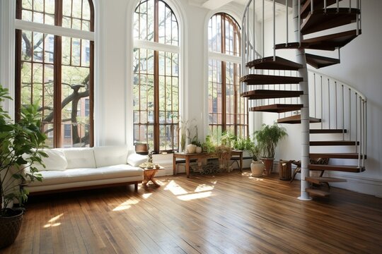 Loft with white metal staircase, wooden steps, jatoba flooring and bay window. Generative AI