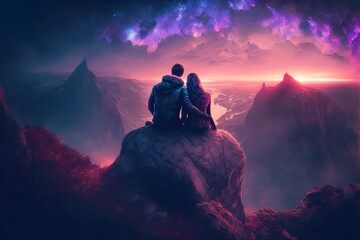 lovers on the top of a mountain holding together watching the end of the world 