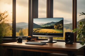 Fototapeta premium Modern monitor on elegant table, natural scenery background