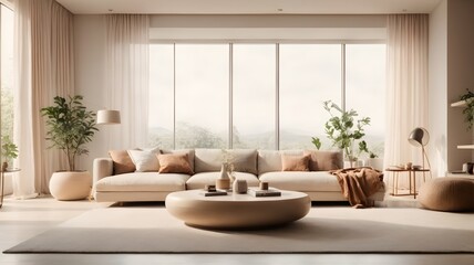 Fototapeta na wymiar Modern Aesthetic Minimalist Living Room interior design with an open floor plan, seamlessly blending the living and dining areas - Generative AI