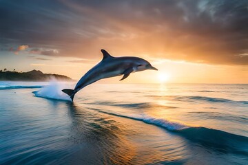 dolphins jumping into the sea - obrazy, fototapety, plakaty