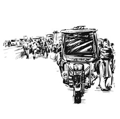 Drawing of tricycle on stree during the traffic jam in India