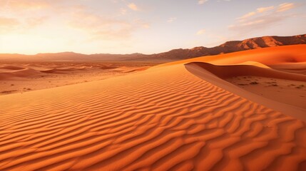 Desert sands stretch to the horizon, their golden hues kissed by the setting sun.