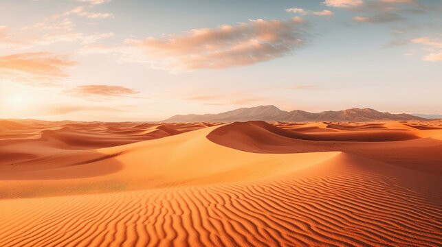 Desert sands stretch to the horizon, their golden hues kissed by the setting sun. © Manyapha