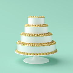 3d illustration of silver and gold cake on green background.