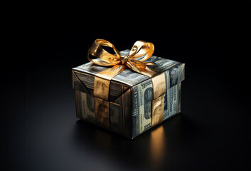 gift box meticulously wrapped in US currency adorned with a gleaming golden ribbon
