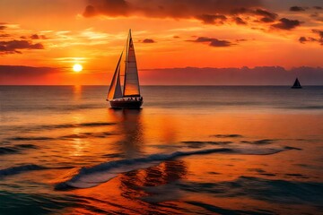A Sailboat is Sailing Along the Ocean as a Vivid Colorful Sunset is in the Background