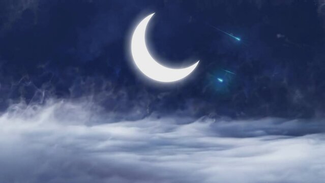 fantasy sky with big crescent moon, shooting stars and smoky clouds. Cartoon or anime illustration style. seamless looping 4K time-lapse Islamic video animation background.