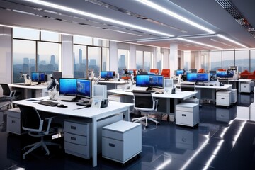 Technological office with modern workstations and computers - obrazy, fototapety, plakaty