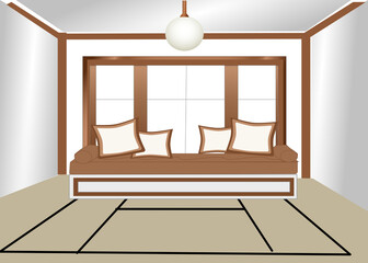 Japanese living room decorating by wooden sofa table made up from illustrations  for interior design concept 