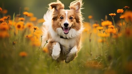 Graceful dog prancing through a serene meadow.