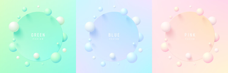 Set of green, blue, pink, yellow 3d circle podium in top view background. Bouncing white and colorful ball scene. Circle frames gradient color in minimal. Abstract platforms design. Stage showcase.