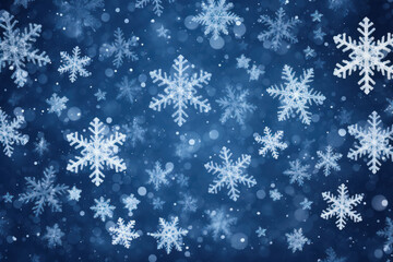 Fototapeta na wymiar Falling snowflakes on dark blue background, Snowfall illustration.