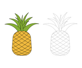 pineapple. Trace and color for children, coloring page or book, pineapple vector illustration. Isolated white background.