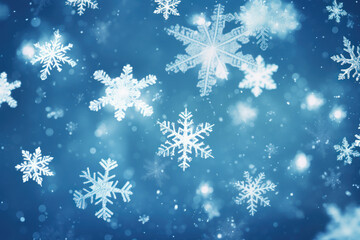 Fototapeta na wymiar Falling snowflakes on bright blue background, Snowfall illustration.