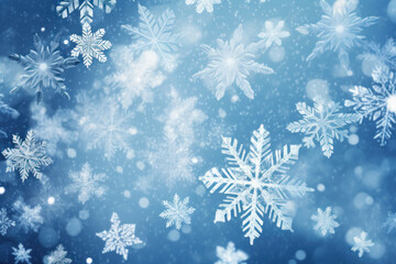 Naklejka na ściany i meble Falling snowflakes on bright blue background, Snowfall illustration.