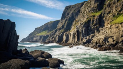 Jagged cliffs rise from the ocean's depths, where crashing waves meet rugged shoreline.