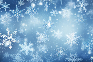 Naklejka na ściany i meble Falling snowflakes on bright blue background, Snowfall illustration.