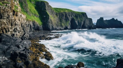 Fototapeta na wymiar Jagged cliffs rise from the ocean's depths, where crashing waves meet rugged shoreline.
