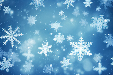 Fototapeta na wymiar Falling snowflakes on bright blue background, Snowfall illustration.