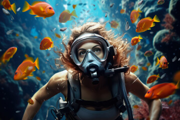 Scuba diver woman swimming in the under water sea