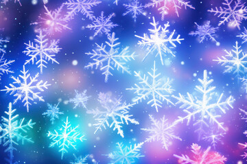Fototapeta na wymiar Falling snowflakes on day glo background, Snowfall illustration.