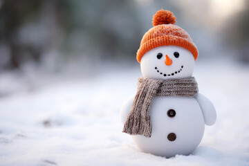 Obraz premium Snowman with scarf and hat in snowy park, winter christmas landscape