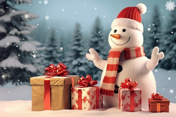 Funny Snowman with Santa claus hat among Christmas gifts in winter