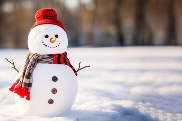Fototapeta premium Snowman with scarf and hat in snowy park, winter christmas landscape
