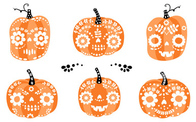 Cute Halloween vector set with funny carved pumpkins with faces with different expressions, Day of The Dead graphic design elements and decor