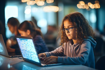 Exploring the digital world: Girl programming on a laptop in a coding class - obrazy, fototapety, plakaty