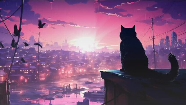 Explore mesmerizing cat in rain at sunset, perfect for VTubers, Lo-Fi, lofi animations,, streaming, and animation enthusiasts."