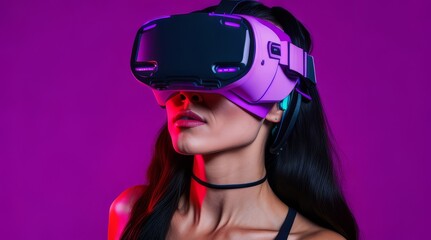 Naklejka premium Woman is using virtual reality headset. Neon light studio portrait