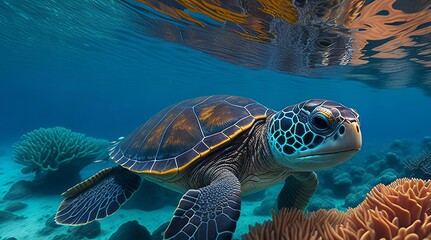 Obraz premium A close-up of a sea turtle swimming through a kaleidoscope of coral and fish in the crystal clear waters of the Maldives.