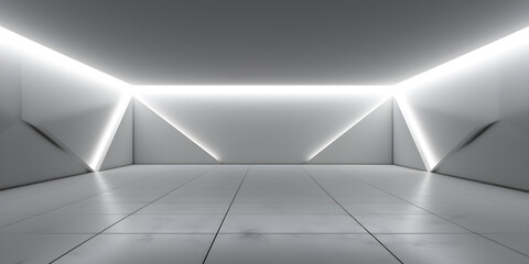Empty light and dark interior background. White geometrically textured 3D empty wall and smooth light floor with beautiful lighting